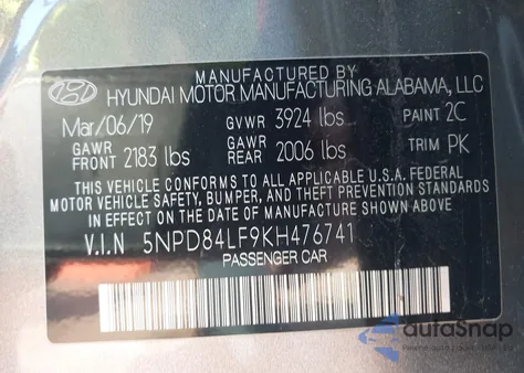 2019 Hyundai Elantra from USA, damaged, VIN 5NTD84LF9KH476741
